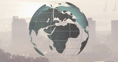 Floating 3d globe with world map over metropolitan skyline