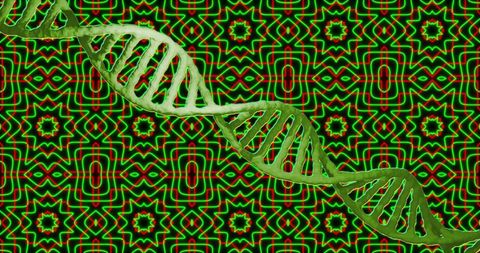 Dna strand with kaleidoscopic pattern background conceptual image