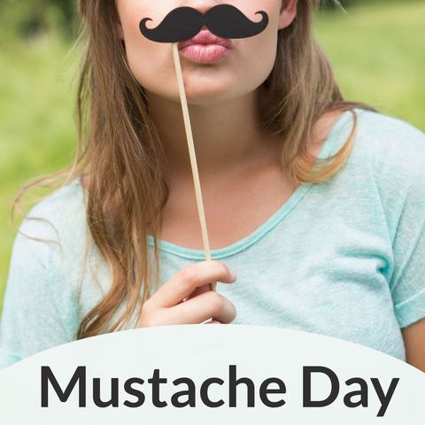 woman holding fake mustache prop celebrating mustache day - Download Free Stock Templates Pikwizard.com