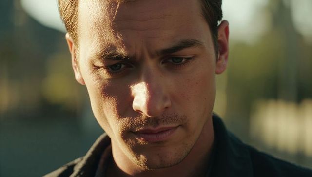 Contemplative young man gazing in golden hour light, cinematic headshot with stubble