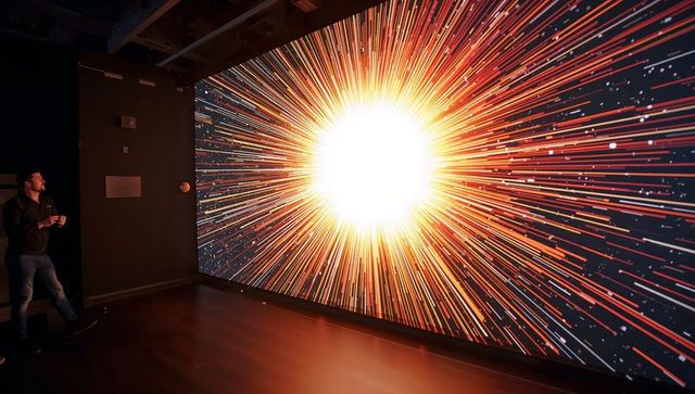 Man viewing led wall with radial light burst and glowing starfield in dark gallery