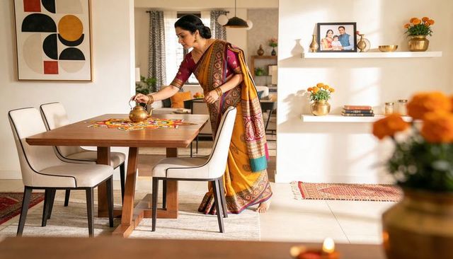 Indian woman in mustard saree arranging brass vessel over rangoli at dining table