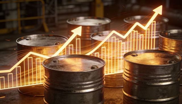 Tracking rising commodity prices with glowing digital chart over metal oil barrels