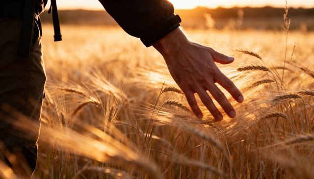 Hand brushing through golden wheat at sunset, backlit harvest field moment