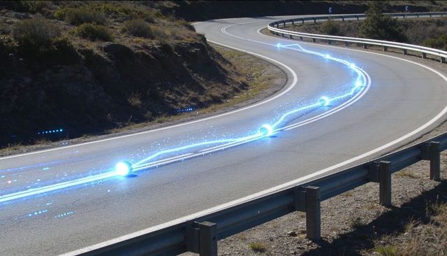Curving mountain road with glowing blue energy orbs trailing along winding asphalt highway