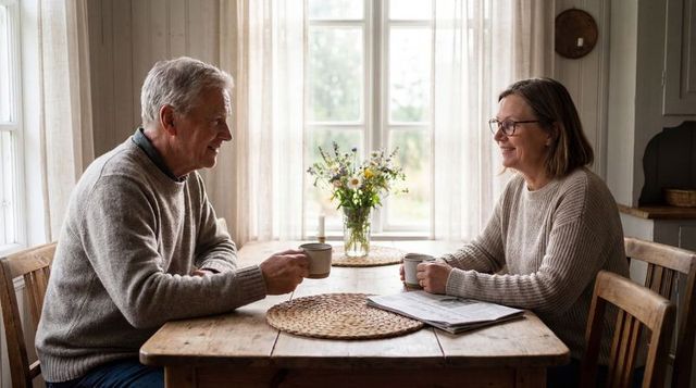 Senior couple sharing cozy morning coffee in rustic sunlit cottage kitchen smiling