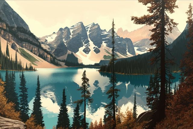 Beautiful tranquil mountain lake landscape with tall pine trees and glassy water reflecting snow-capped peaks. Ideal for nature, travel, tourism, outdoor, and wilderness adventure themes. Perfect for websites, brochures, posters, and promotional materials depicting natural beauty and peaceful retreats.
