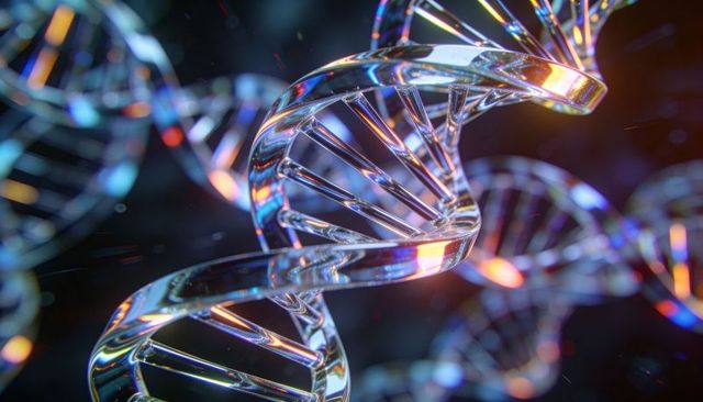 Glass-like dna double helix with neon rim lights and futuristic biotech glow