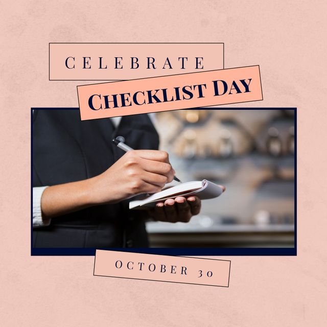 This image is perfect for promoting Checklist Day, highlighting the importance of organization and productivity. It can be used in marketing campaigns, social media posts, or blog articles discussing the benefits of note-taking, event planning, and efficient work methods. Ideal for businesses, educational content, and personal development tips.