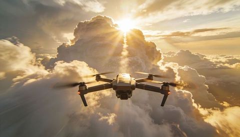 Cinematic high-altitude drone flying through sunlit clouds at golden hour with spinning propellers