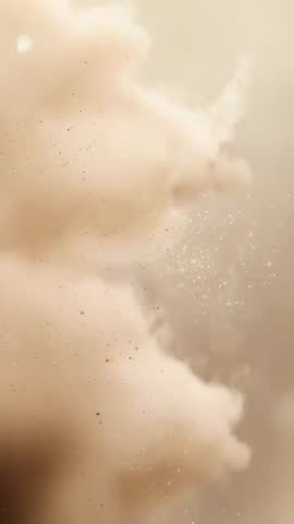 Vertical beige cloud drifting with glowing particles and bokeh in warm minimal sky