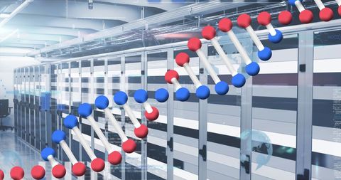 Futuristic dna helix over data server room symbolizes biotechnology