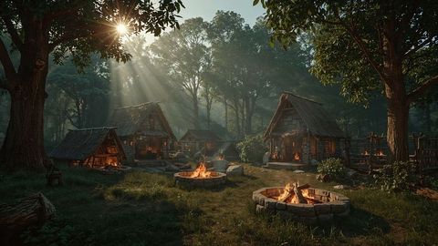 Serene Woodland Retreat with Charming Huts and Fires at Sunrise