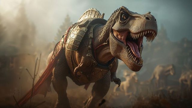 Armored t-rex charging through misty clearing