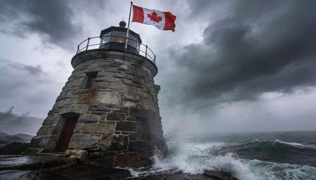 Stone lighthouse braving stormy waves with canadian flag flying on rugged coastline