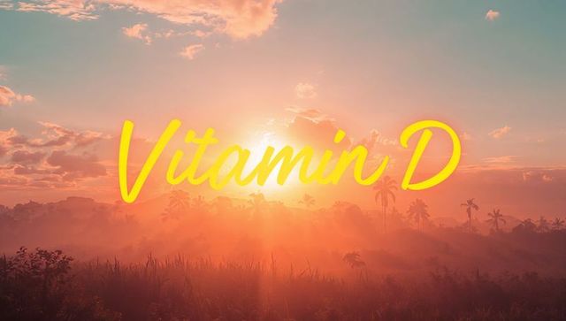 Rising sun vitamin d glowing script over tropical misty landscape at dawn