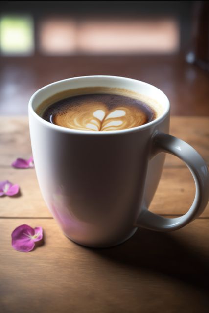 White mug with latte art on top, placed on a wooden table with scattered flower petals around. Perfect for use in coffee shop promotions, cafe menus, website banners, or lifestyle blogs focused on morning routines and relaxation moments.