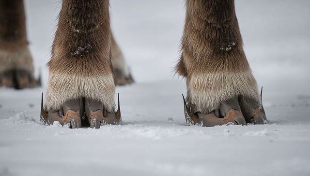 Caribou hooves sinking into arctic snow frosted fur closeup winter tundra texture detail