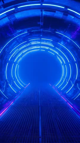 Vertical Cyberpunk Walkway Drifting Toward Pulsing Neon Blue Ring Tunnel, Magenta Glow