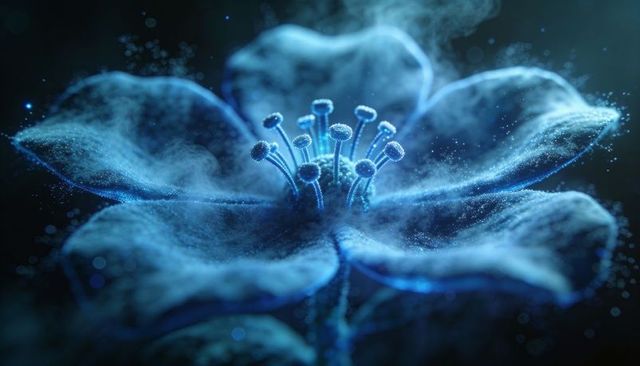 Luminescent blue flower macro with sparkling stamens and ethereal bokeh glow