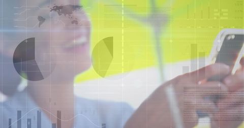 Woman Holding Smartphone Amidst Digital Data Visualizations - Download Free Stock Images Pikwizard.com