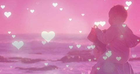 Mother and Child at Seaside with Heart Overlays