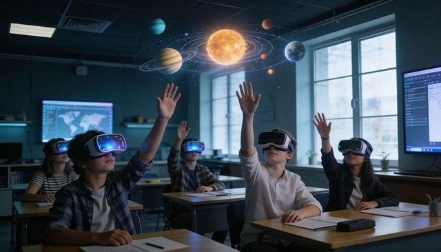 Students wearing vr headsets reaching toward holographic solar system in classroom