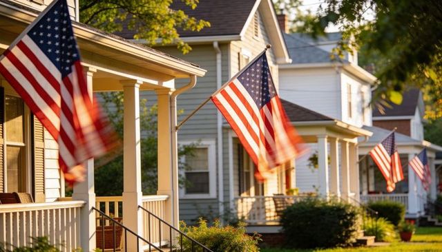 Sunlit american flags fluttering on classic suburban front porches during golden hour