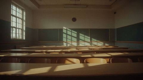 Sunlit Empty Classroom with Wooden Desks and Chalkboard