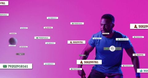 Crouching Athlete Engaging with Futuristic Digital Interface