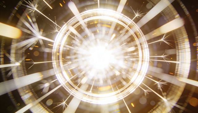 Radiating golden core emitting concentric rings and starburst rays with bokeh flare