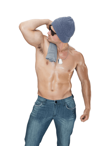 Caucasian Man in Denim Flexing Muscles Transparent Background