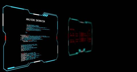 Holographic Cyber HUD Analyzing Information Neon Cyan Interface Panel in Black Void