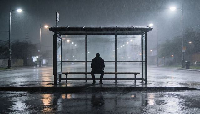 Solitary silhouette waiting on bench inside glass bus shelter during heavy rain at night