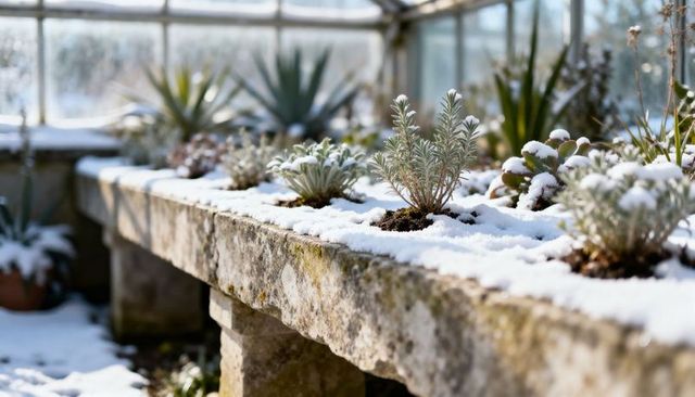 Snow-dusted herbs and succulents growing in stone trough on conservatory bench