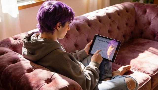 Purple-haired man reading inclusion report on tablet while relaxing on tufted pink sofa