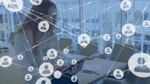 Businesswoman Networking on Tablet with Digital Connections Overlay
