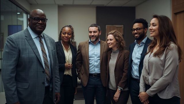 Multiracial business team standing and smiling in office corridor for corporate portrait