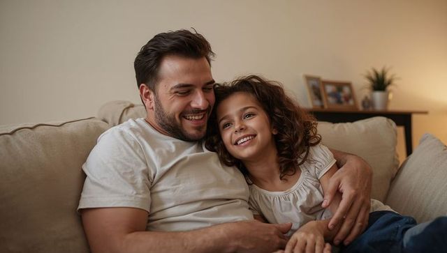 Smiling father cuddling daughter on beige sofa at home capturing warm family bond and relaxation