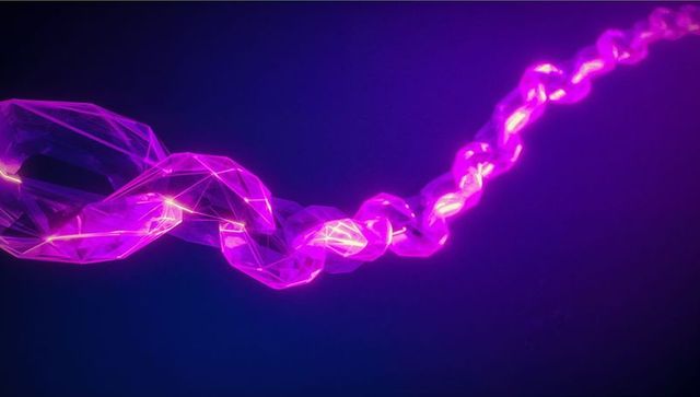 Translucent Polygonal Chain with Neon Wireframe in Digital Space