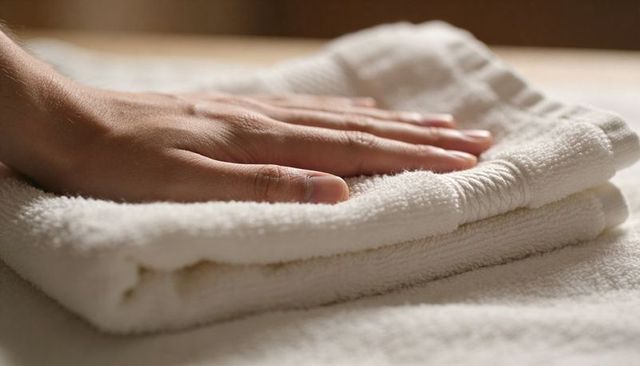 Adult hand smoothing folded white terry towel on soft surface for spa and linen care
