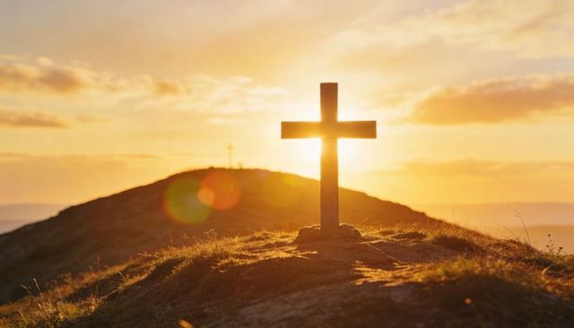 Wooden cross glowing at golden hour on hilltop | backlit spiritual summit scene