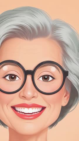 Looping vertical clip of smiling senior woman blinking with black round glasses and silver hair