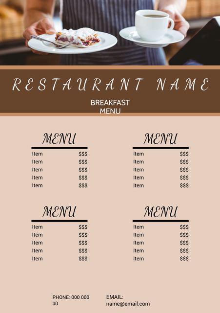 This elegant restaurant menu template features a waiter serving coffee and cake, ideal for showcasing breakfast items. Perfect for restaurants, cafes, and diners looking to promote their breakfast menu or any food-related events. Highly customizable, making it suitable for printing or digital use, and easily adaptable to different themes and decors. Also suitable for marketing materials in the food industry to enhance branding and attract customers.