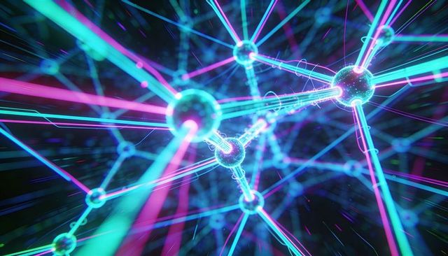 Pulsing Neon Network Connecting Glowing Nodes in Futuristic 3D Digital Lattice