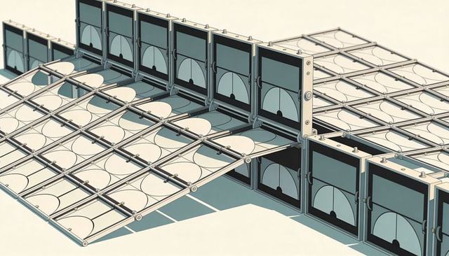 Modular hinged grid panels creating stepped isometric array with circular discs and bolts