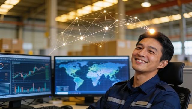 Smiling asian warehouse operator monitoring global logistics analytics on dual screens