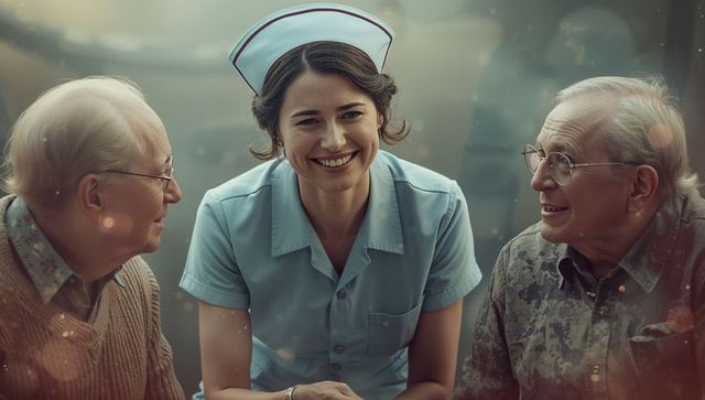 Smiling nurse engaging senior patients in care lounge with bokeh effect