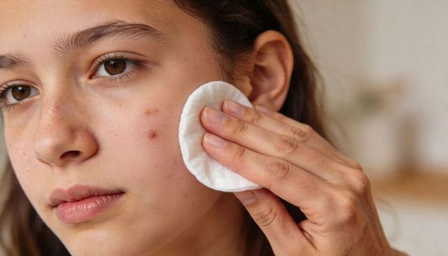 Teen girl receiving gentle acne care with cotton pad closeup for skincare and blemish treatment