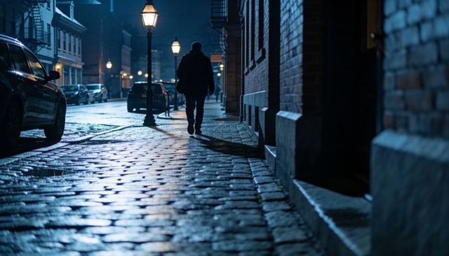 Solitary figure walking on wet cobblestone street under vintage lamplights at night